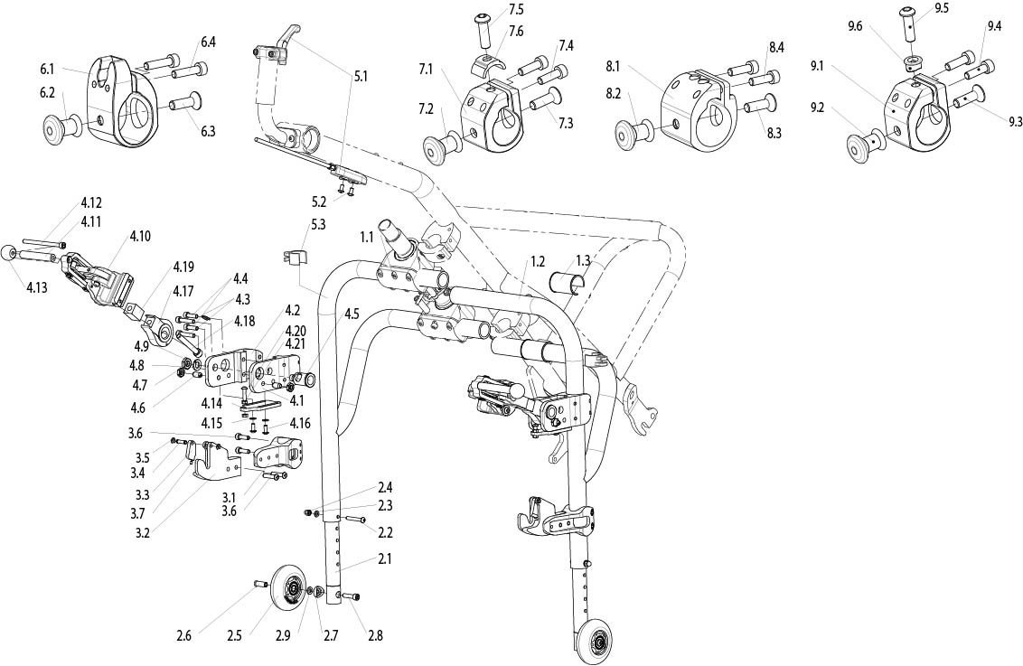 Explosionszeichnung Stützrahmen und Ankoppelmechanismus, Sunrise Attitude (Manual, Hybrid, Power, Junior)