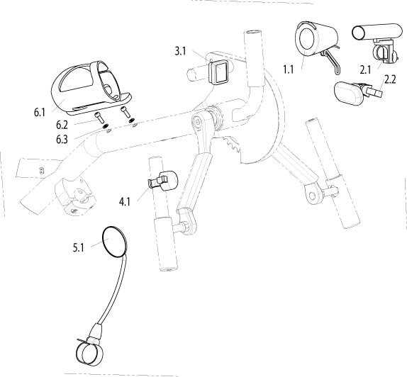 Explosionszeichnung Licht, Spiegel, Tacho, Flaschenhalter und Klingel, Sunrise Attitude (Manual, Hybrid, Power, Junior)