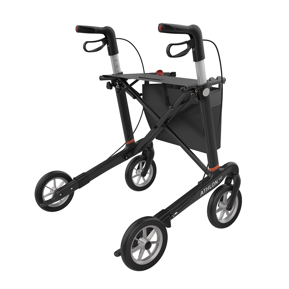 Rehasense Athlon HD Rollator, Größe L/62 cm, PUR-Bereifung, Schwarz Carbon, Ansicht von hinten rechts