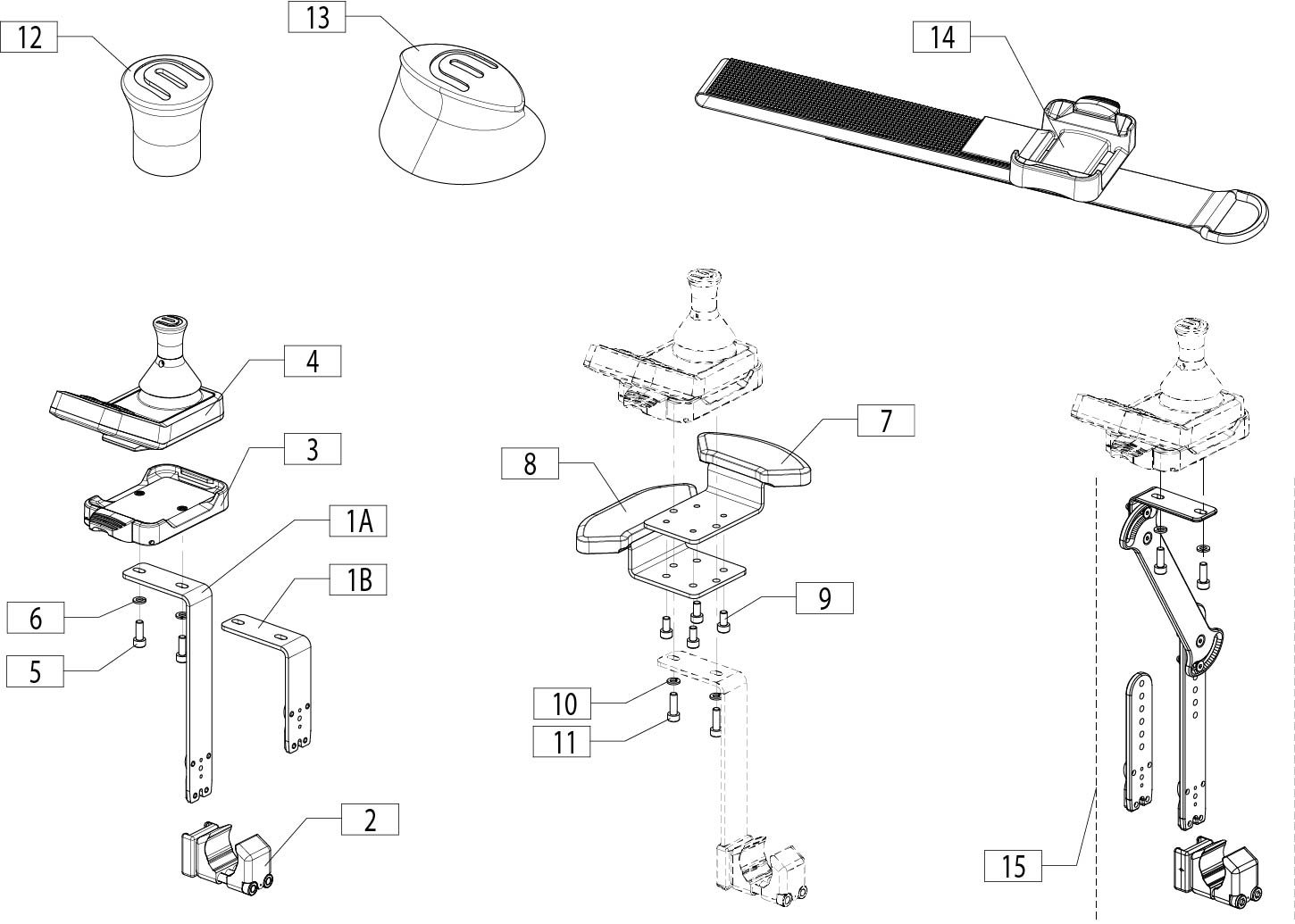 Explosionszeichnung Joystick und Joystick Montage-Optionen, Sunrise M90
