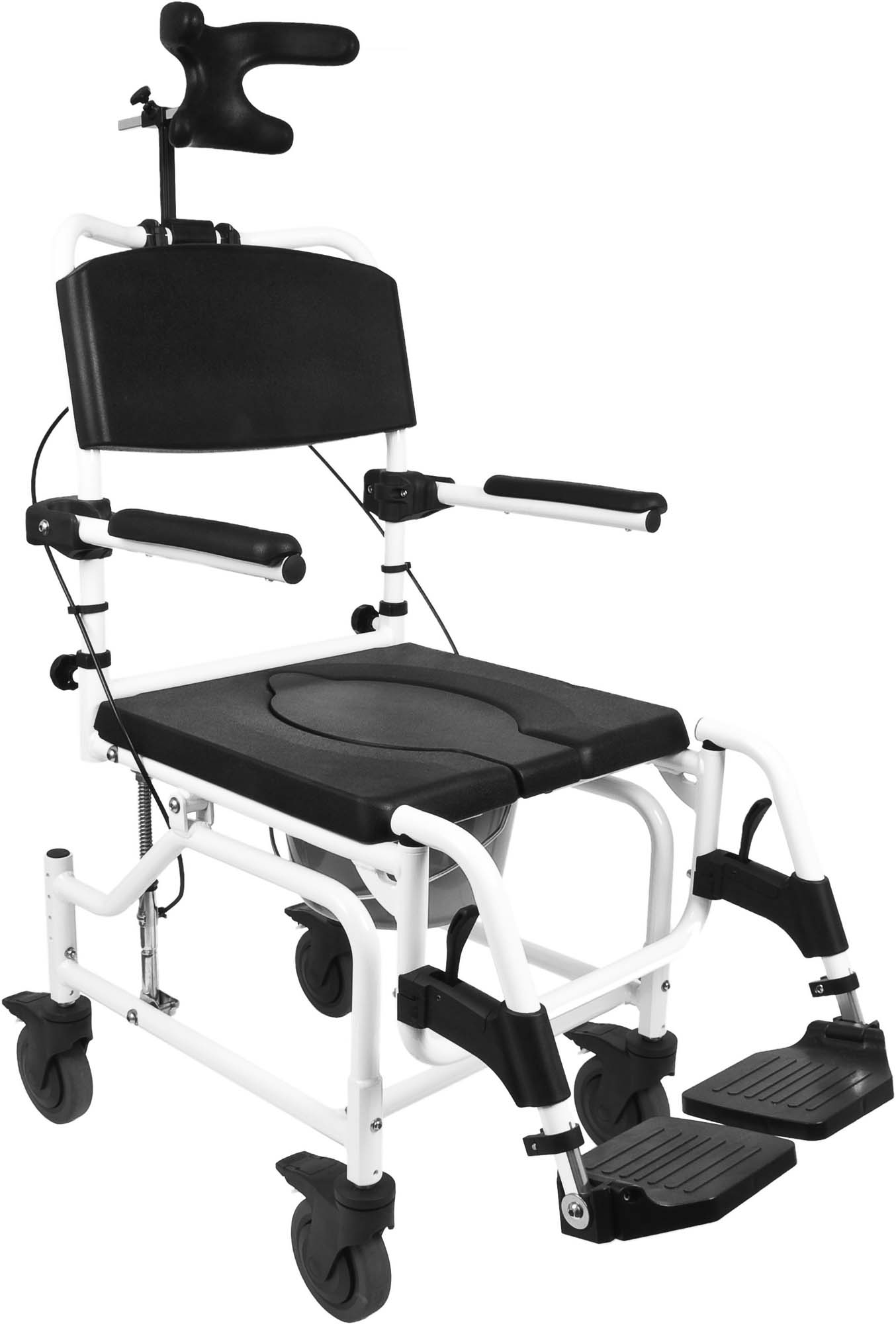 Mobilex Dusch- und Toilettenrollstuhl mit Kantelung und 4 arretierbaren 5" Rädern und Kopfstütze, SB 45 cm