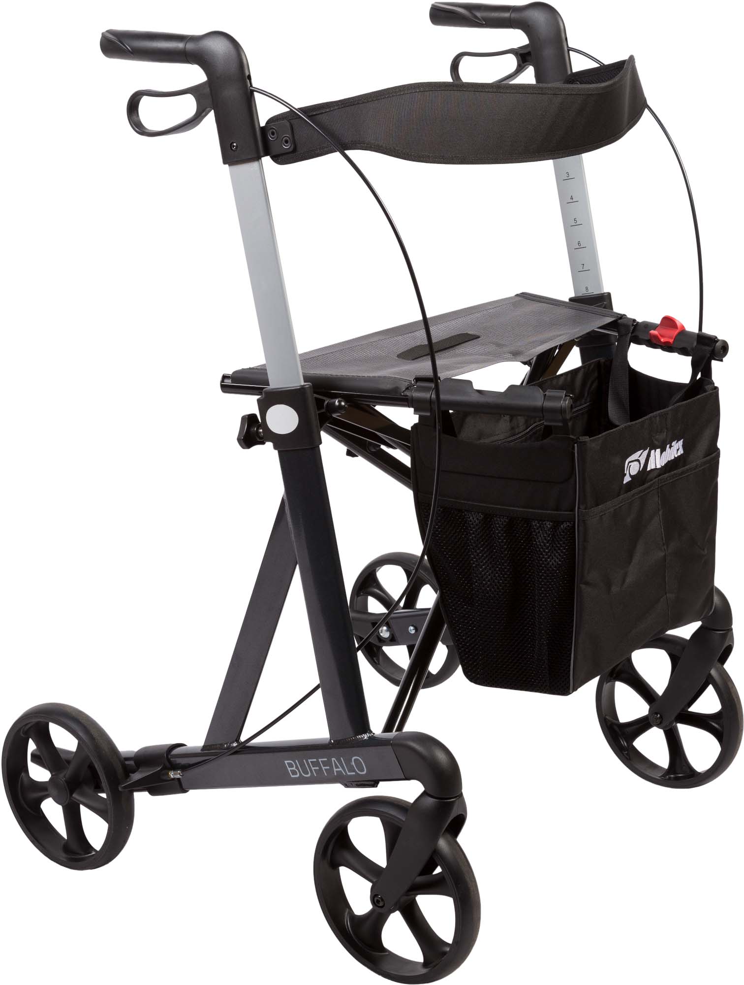Mobilex Buffalo HD Rollator, anthrazit, SH 62 cm, inkl. Rückengurt und Stockhalter