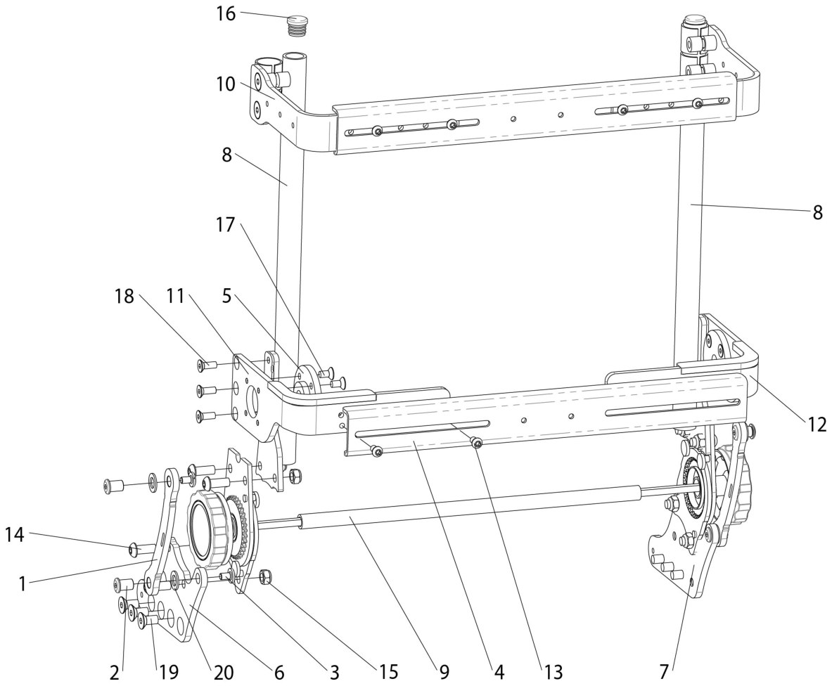 Explosionszeichnung Rehab, manuell verstellbarer Rücken für anpassbare Sitzplatte, Armlehne, flexibel einstellbar, hochklappbar, Sunrise Frontier V6