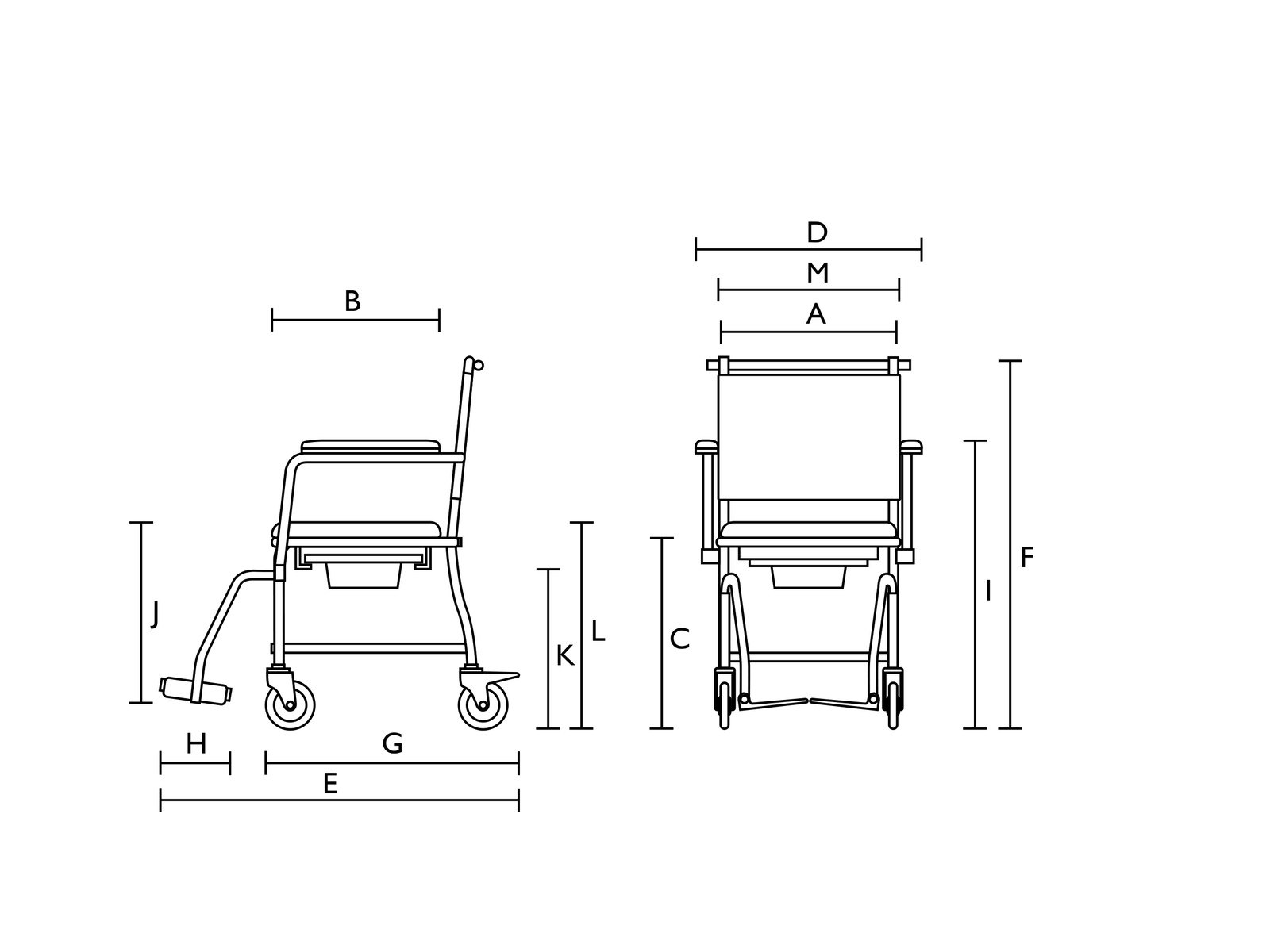 Invacare H720T Toilettenstuhl, fahrbar – Maßzeichnung mit den Abmessungen