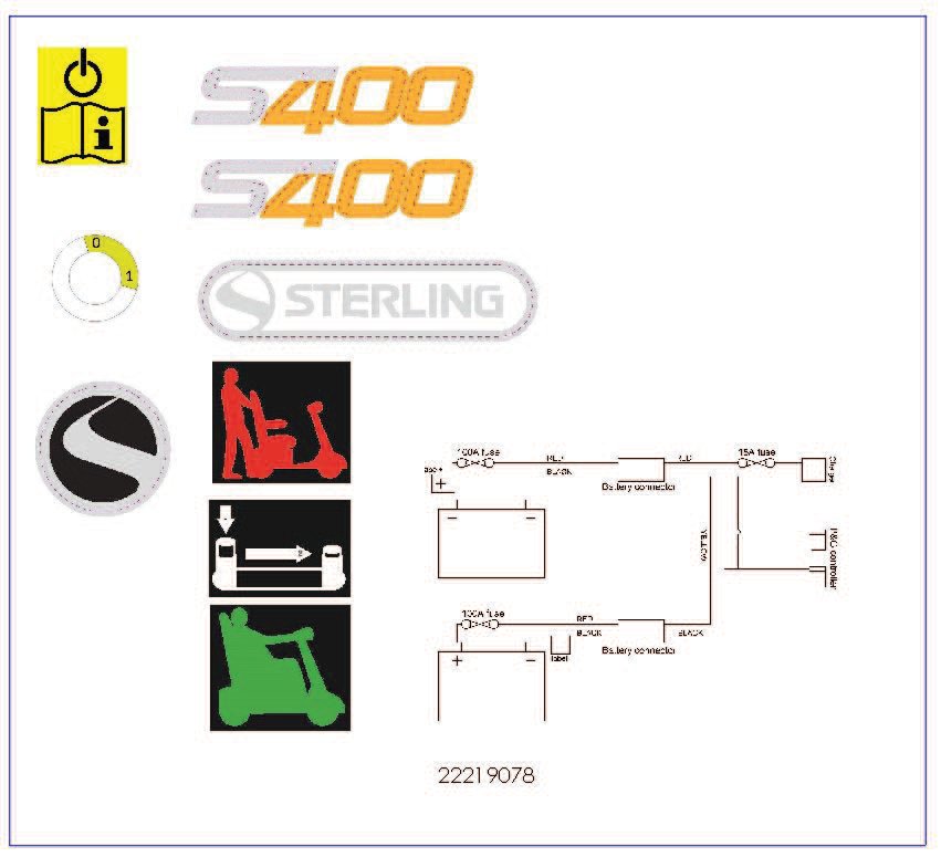 Explosionszeichnung S400 - Produkt- und Sicherheitsaufkleber, Sunrise S400, S410 HP, S425 und S700