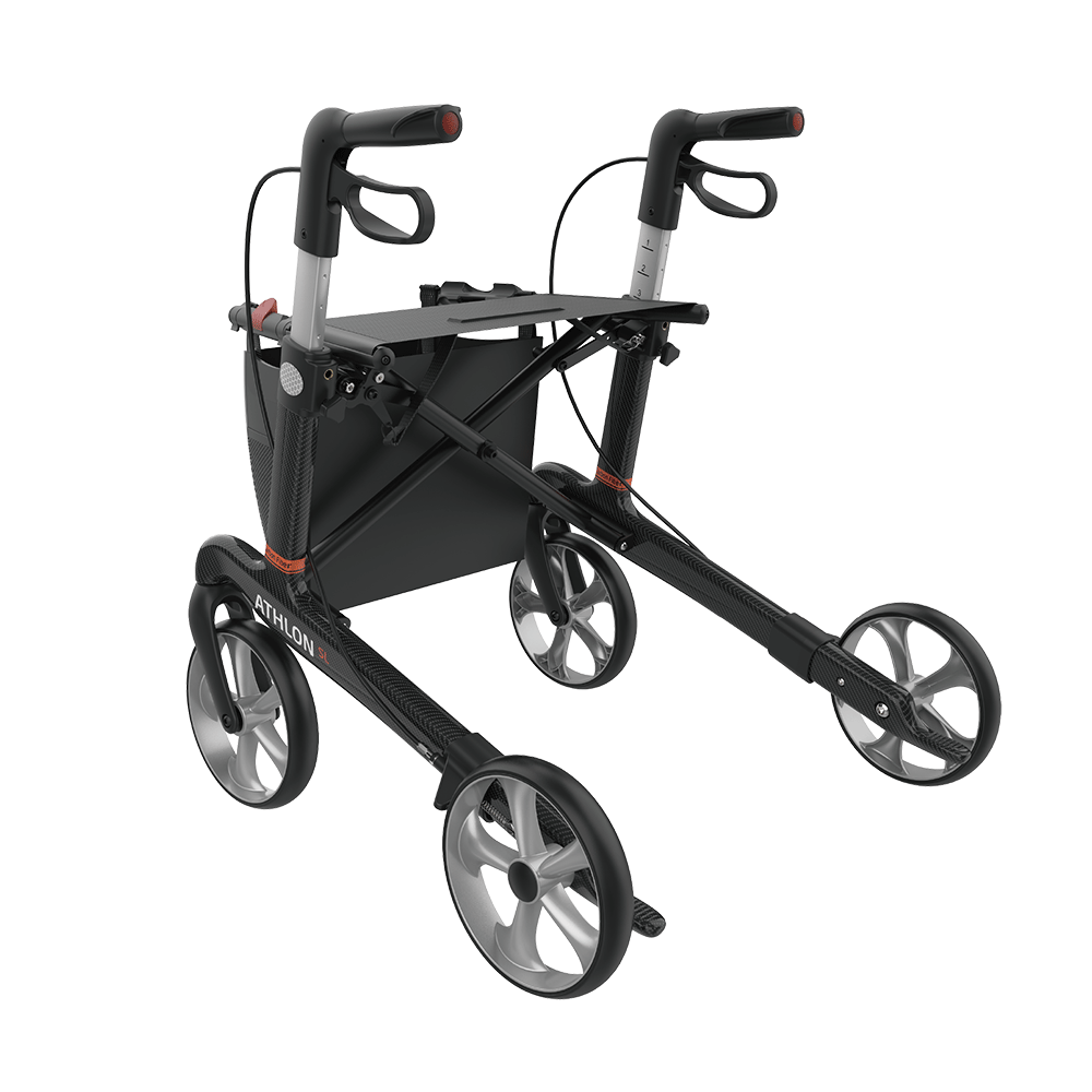 Rehasense Athlon SL Rollator, Größe S/50 cm, TPE-Bereifung, Carbonschwarz, Ansicht von hinten links