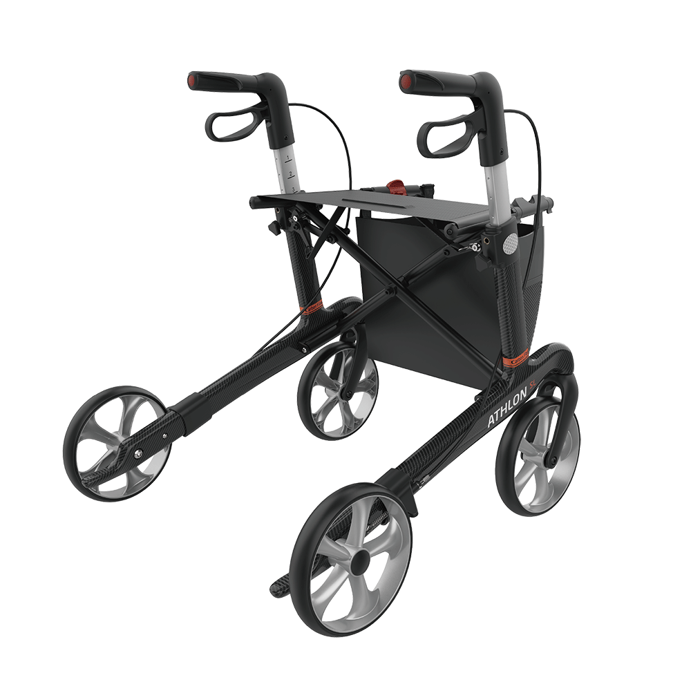 Rehasense Athlon SL Rollator, Größe S/50 cm, TPE-Bereifung, Carbonschwarz, Ansicht von hinten rechts
