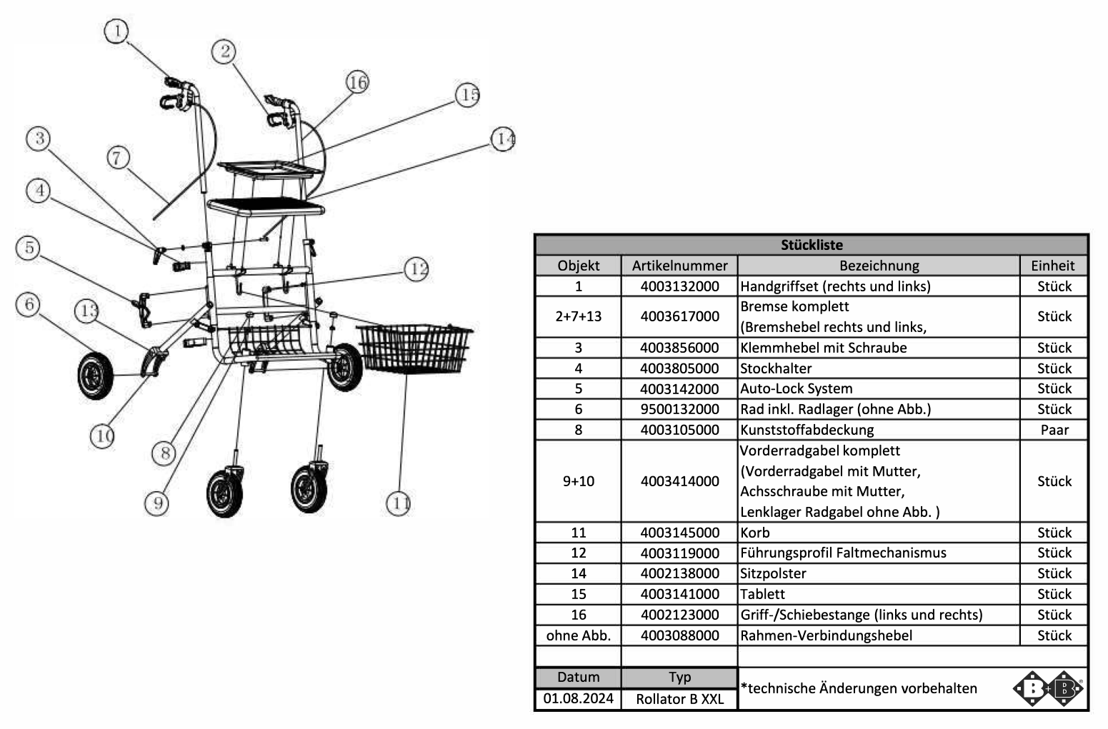 Explosionszeichnung Bischoff & Bischoff – Ersatzteilkatalog-Rollator-B-XXL / s01
