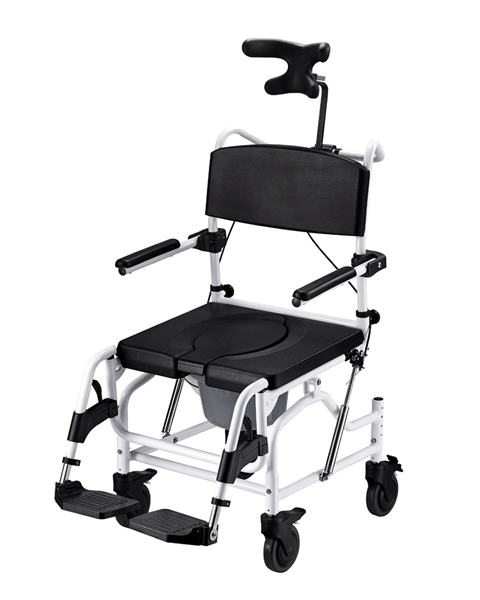 Mobilex Dusch- und Toilettenrollstuhl mit Kantelung und 4 arretierbaren 5" Rädern und Kopfstütze, SB 50 cm