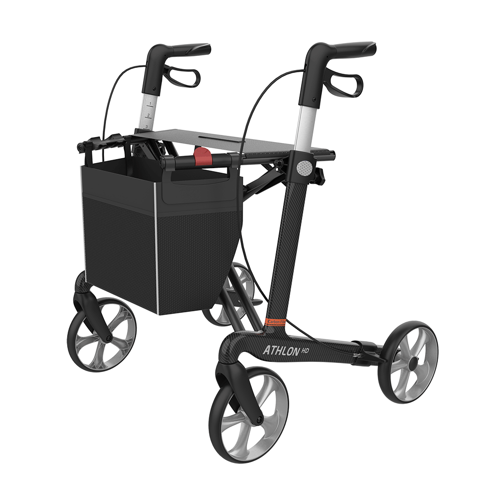 Rehasense Athlon HD Rollator, Größe L/62 cm, TPE-Bereifung, Schwarz Carbon, Ansicht von vorne links