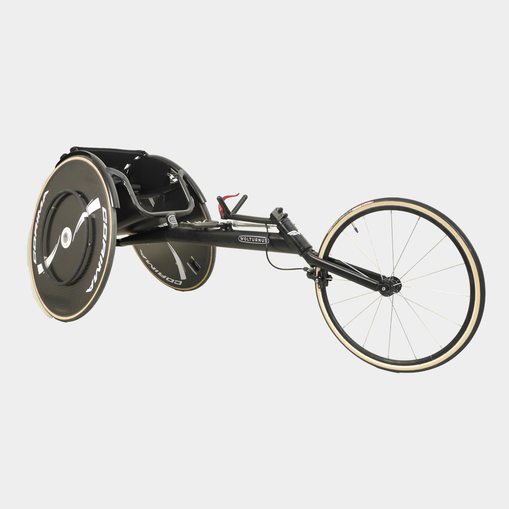 Wolturnus Amasis Racer Rennrollstuhl in Schwarz mit Scheibenrädern und langem Vorderrahmen