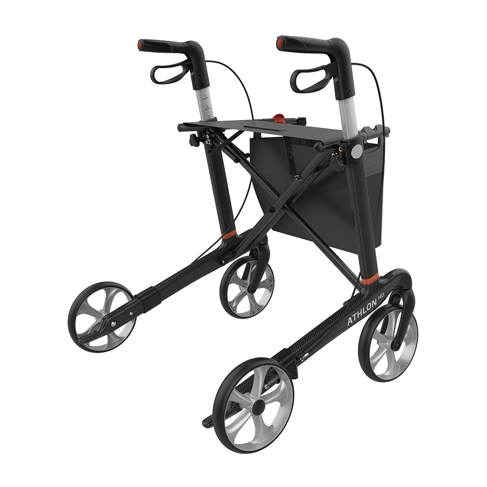 Rehasense Athlon HD Rollator, Größe L/62 cm, TPE-Bereifung, Schwarz Carbon, Ansicht von hinten rechts