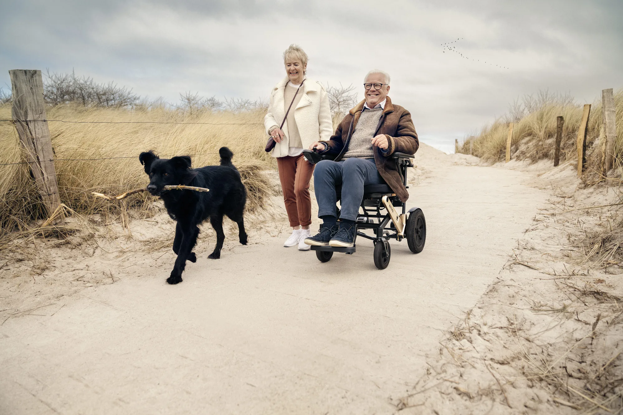 Paar mit Hund auf einem Sandweg am Strand, eine Person fährt den Alber erivo Elektrorollstuhl