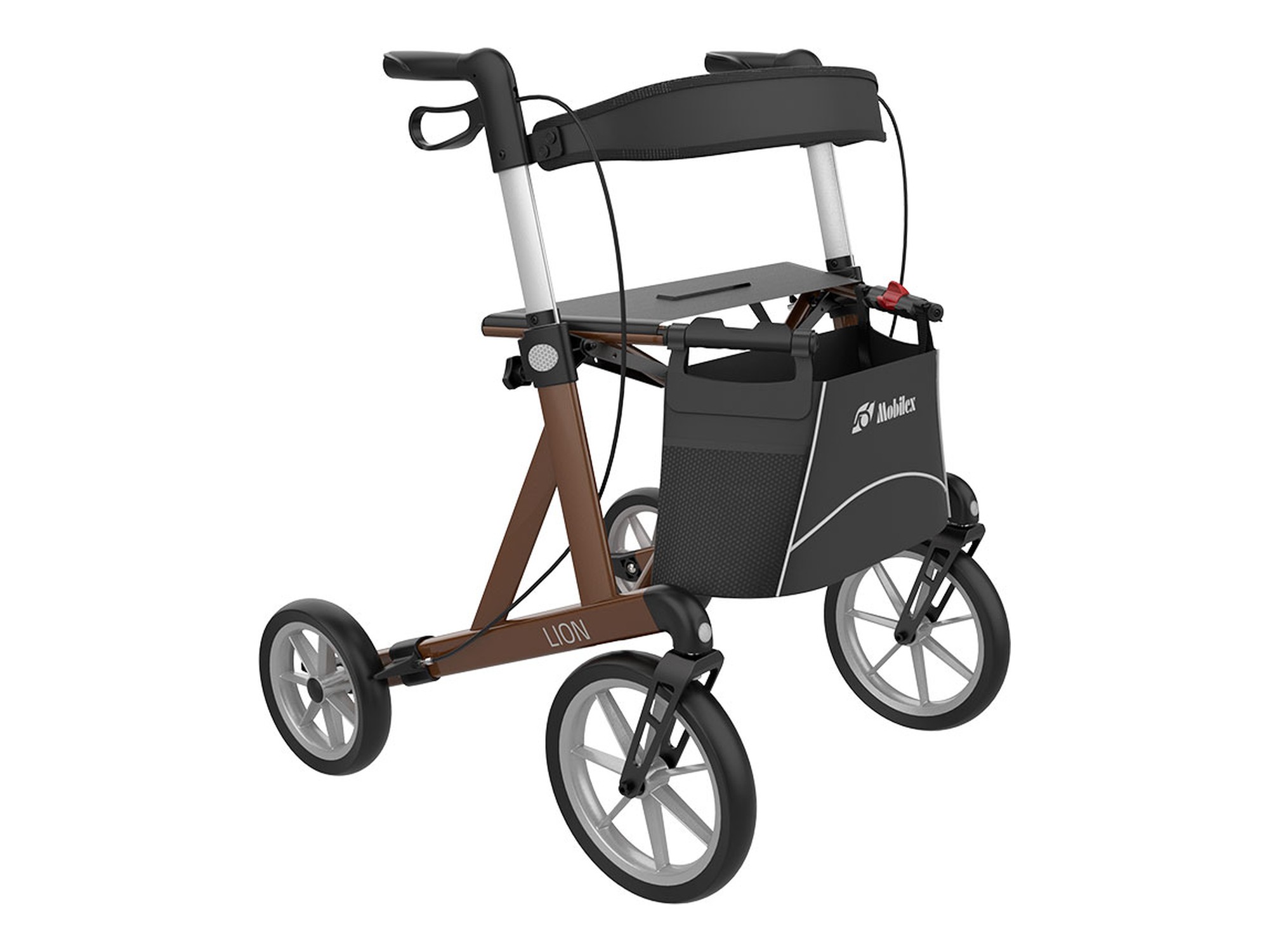 Mobilex Lion Rollator, braun metallic, SH 53 cm, mit Softrädern, inkl. Rückengurt und Stockhalter