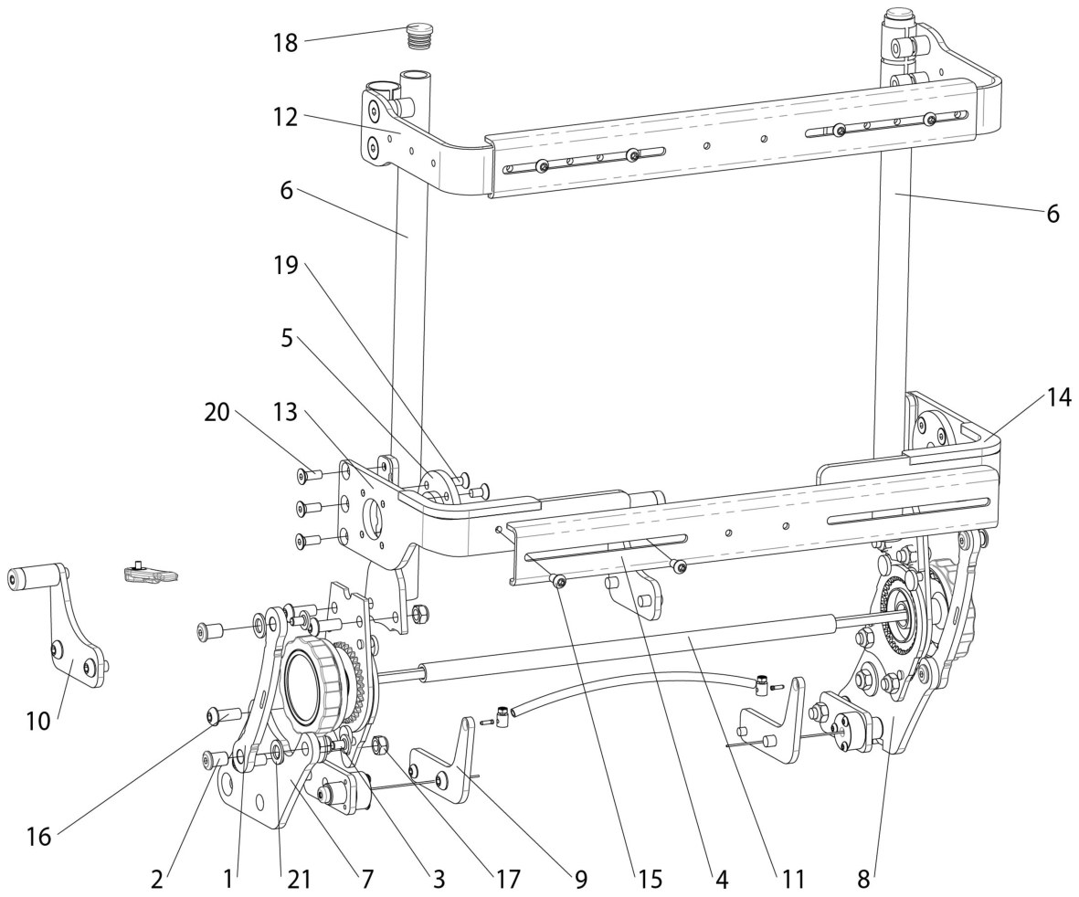 Explosionszeichnung Rehab, manuell verstellbarer Rücken für anpassbare, abklappbare Sitzplatte,Armlehne, flexibel einstellbar, hochklappbar, Sunrise Frontier V6