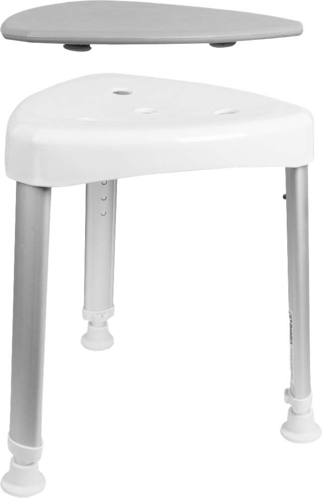 Mobilex Dreieckiger Duschhocker, Alu silber mit weissem Sitz, 33 x 35 cm