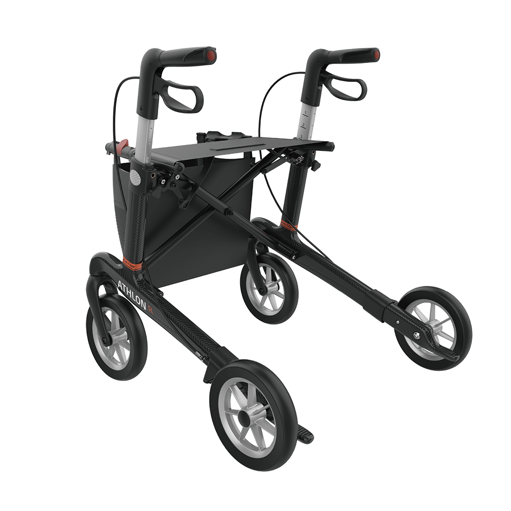 Rehasense Athlon SL Rollator, Größe S/50 cm, PUR-Bereifung, Carbonschwarz, Ansicht von hinten links