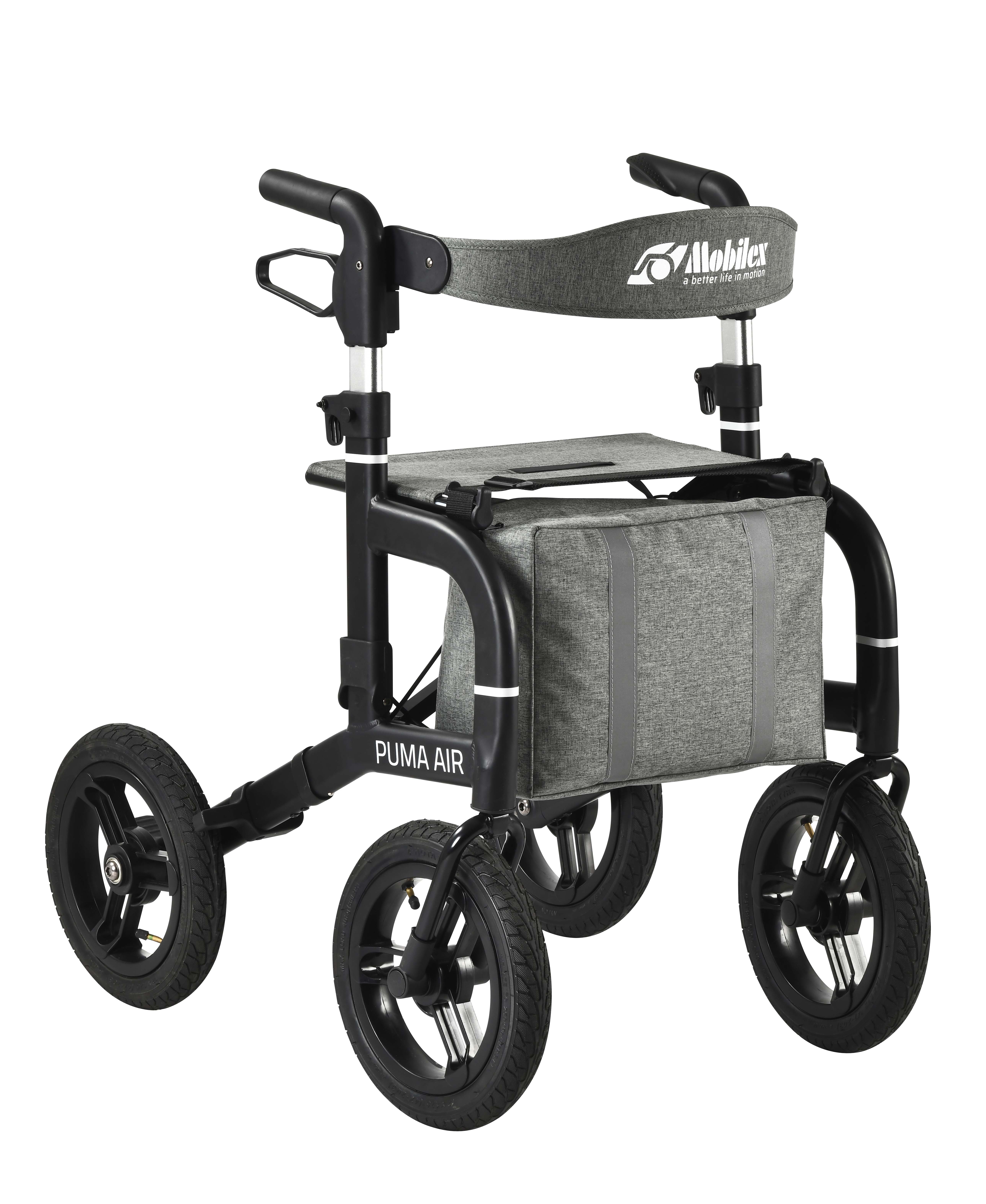 Mobilex Puma Air Rollator, mattschwarz, SH 59 cm, inkl. Rückengurt, Becher- und Stockhalter