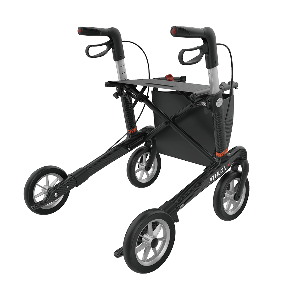 Rehasense Athlon SL Rollator, Größe S/50 cm, PUR-Bereifung, Carbonschwarz, Ansicht von hinten rechts