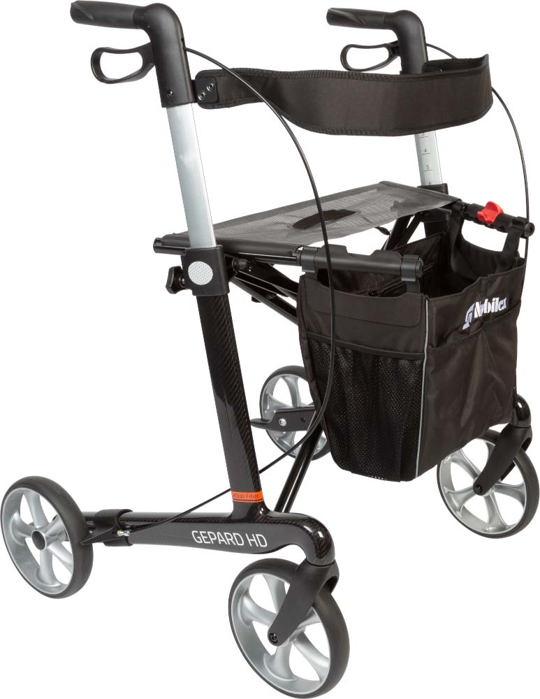 Mobilex Gepard HD Rollator, Carbon, schwarz, SH 62 cm, inkl. Rückengurt und Stockhalter