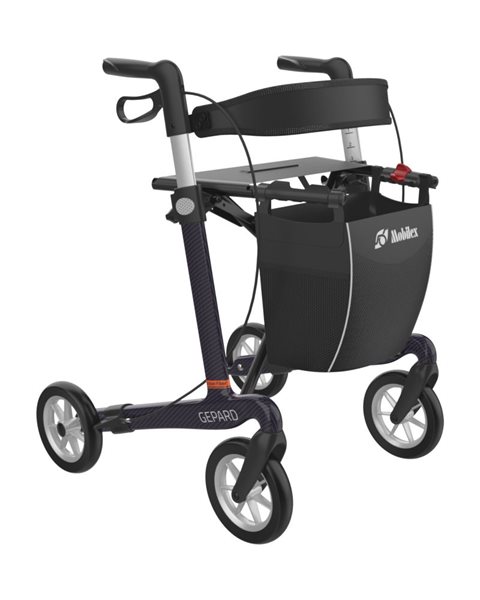 Mobilex Gepard Rollator, Carbon, lila/schwarz, SH 62 cm, mit Softrädern, inkl Rückengurt und Stockhalter