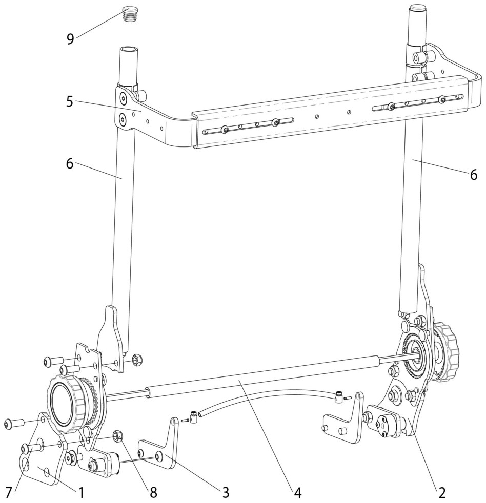 Explosionszeichnung Rehab, manuell verstellbarer Rücken für anpassbare, abklappbare Sitzplatte,Standard Armlehne, Sunrise Extreme X8