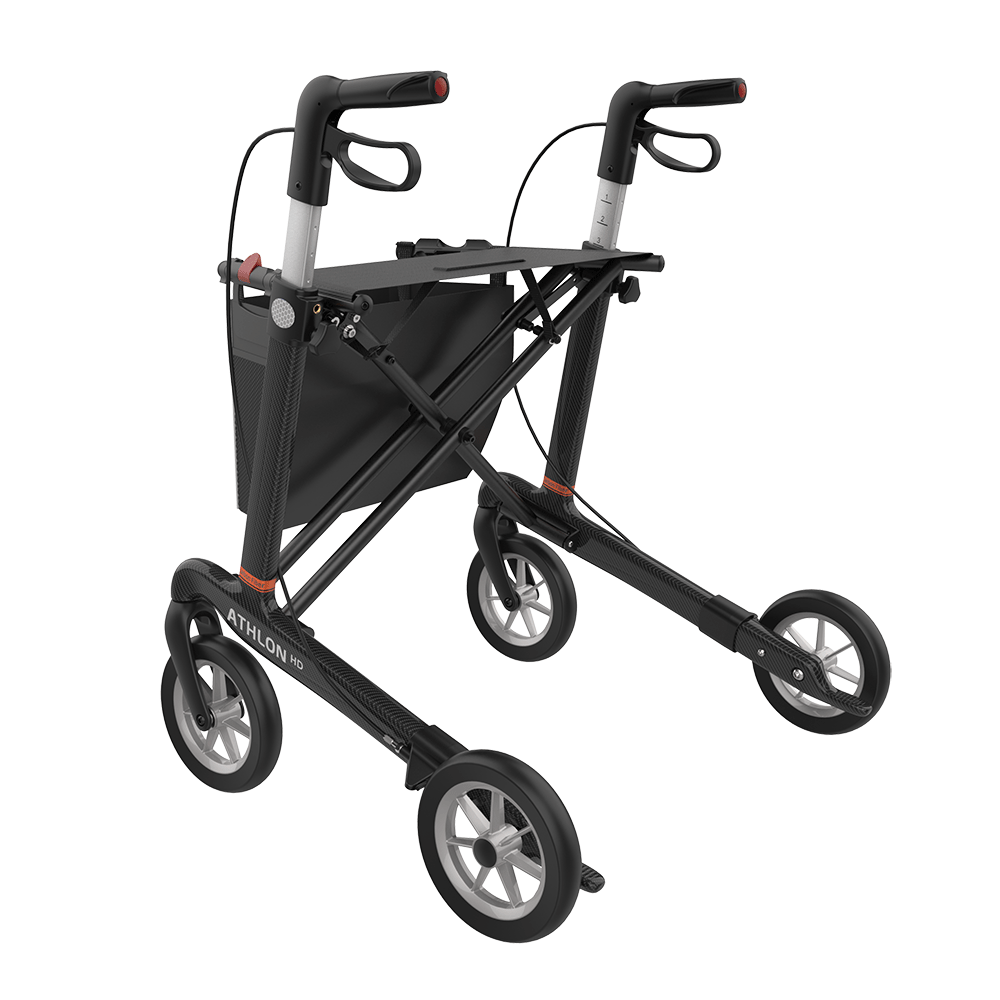 Rehasense Athlon HD Rollator, Größe L/62 cm, PUR-Bereifung, Schwarz Carbon, Ansicht von hinten links