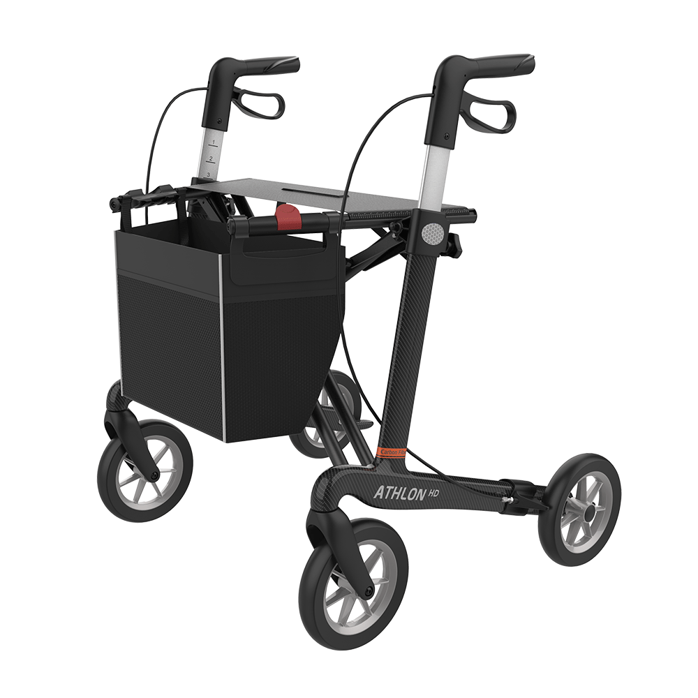 Rehasense Athlon HD Rollator, Größe L/62 cm, PUR-Bereifung, Schwarz Carbon, Ansicht von vorne links