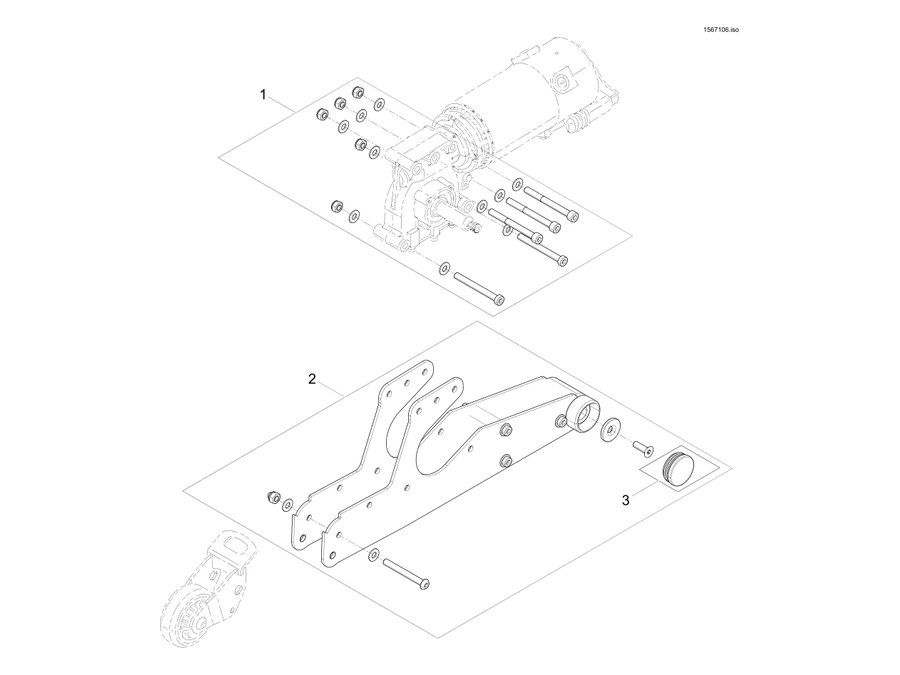 Explosionszeichnung Chassis & Verkleidungen Motorschwinge SSD, Anti-Kipp klappbar – Invacare Storm4