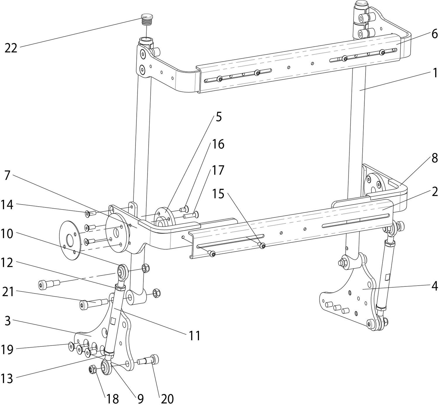Explosionszeichnung Rehab, fester Rücken für anpassbare Sitzplatte, Armlehne, flexibel einstellbar, hochklappbar, Sunrise Frontier V6