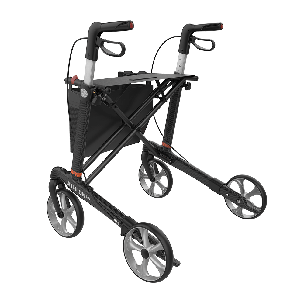 Rehasense Athlon HD Rollator, Größe L/62 cm, TPE-Bereifung, Schwarz Carbon, Ansicht von hinten links