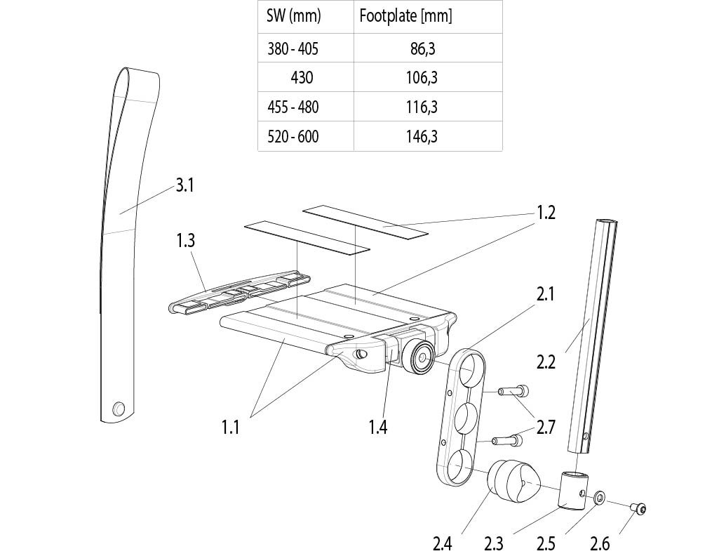Explosionszeichnung RubiX² - Fußbrett geteilt, Metall, kurze Unterschenkellänge, Sunrise BasiX² / RubiX²