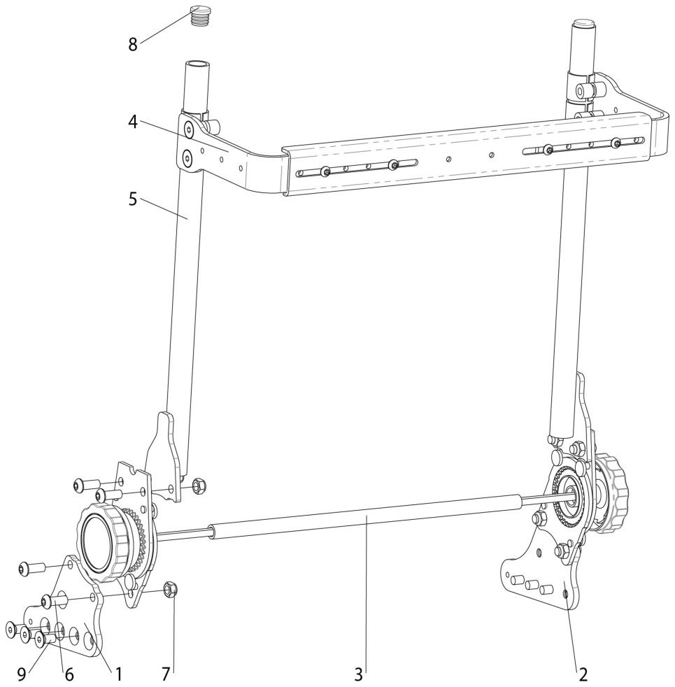 Explosionszeichnung Rehab, manuell verstellbarer Rücken für anpassbare Sitzplatte, Standard Armlehne, Sunrise Magic 360
