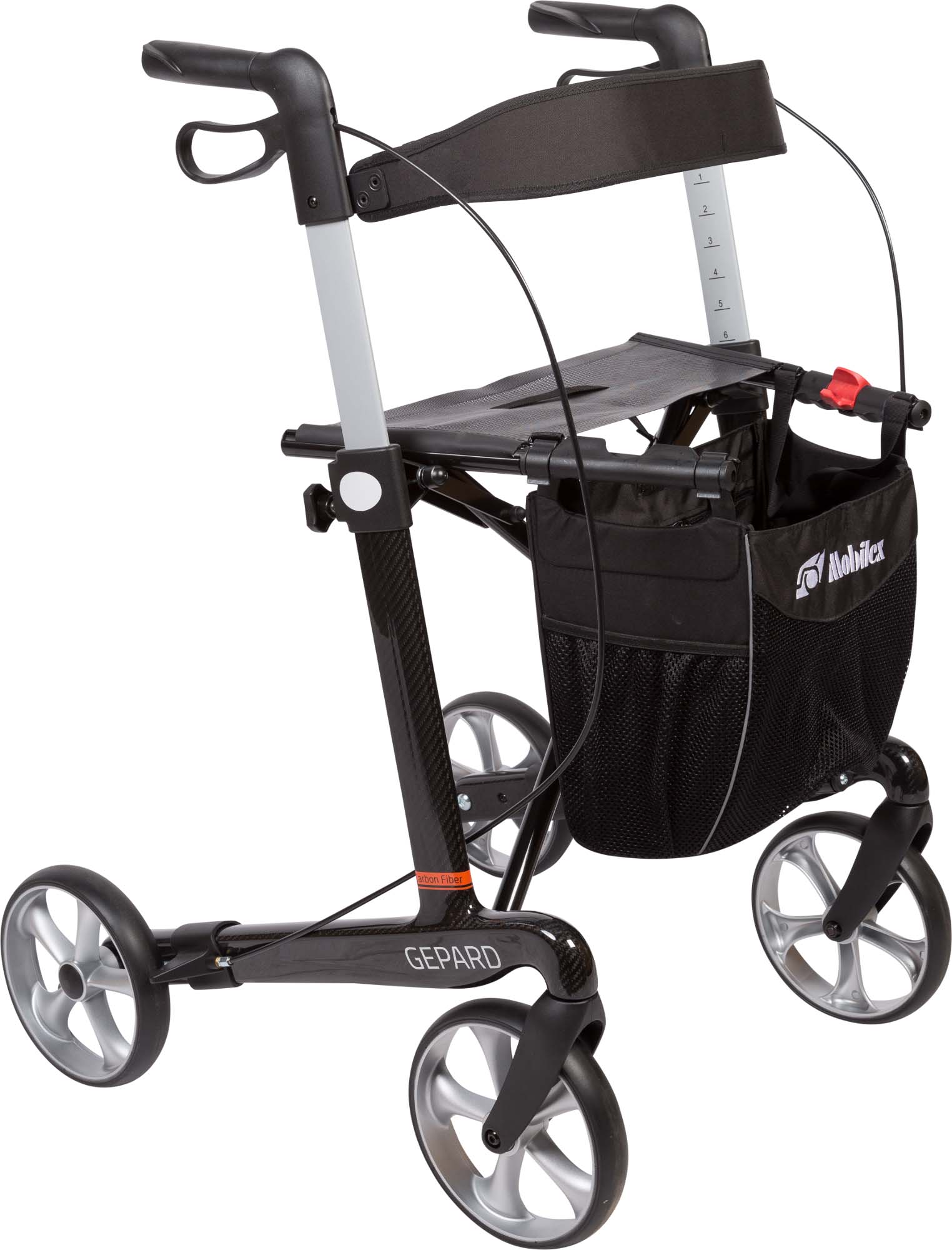 Mobilex Gepard Rollator, Carbon, schwarz, SH 62 cm, inkl. Rückengurt und Stockhalter