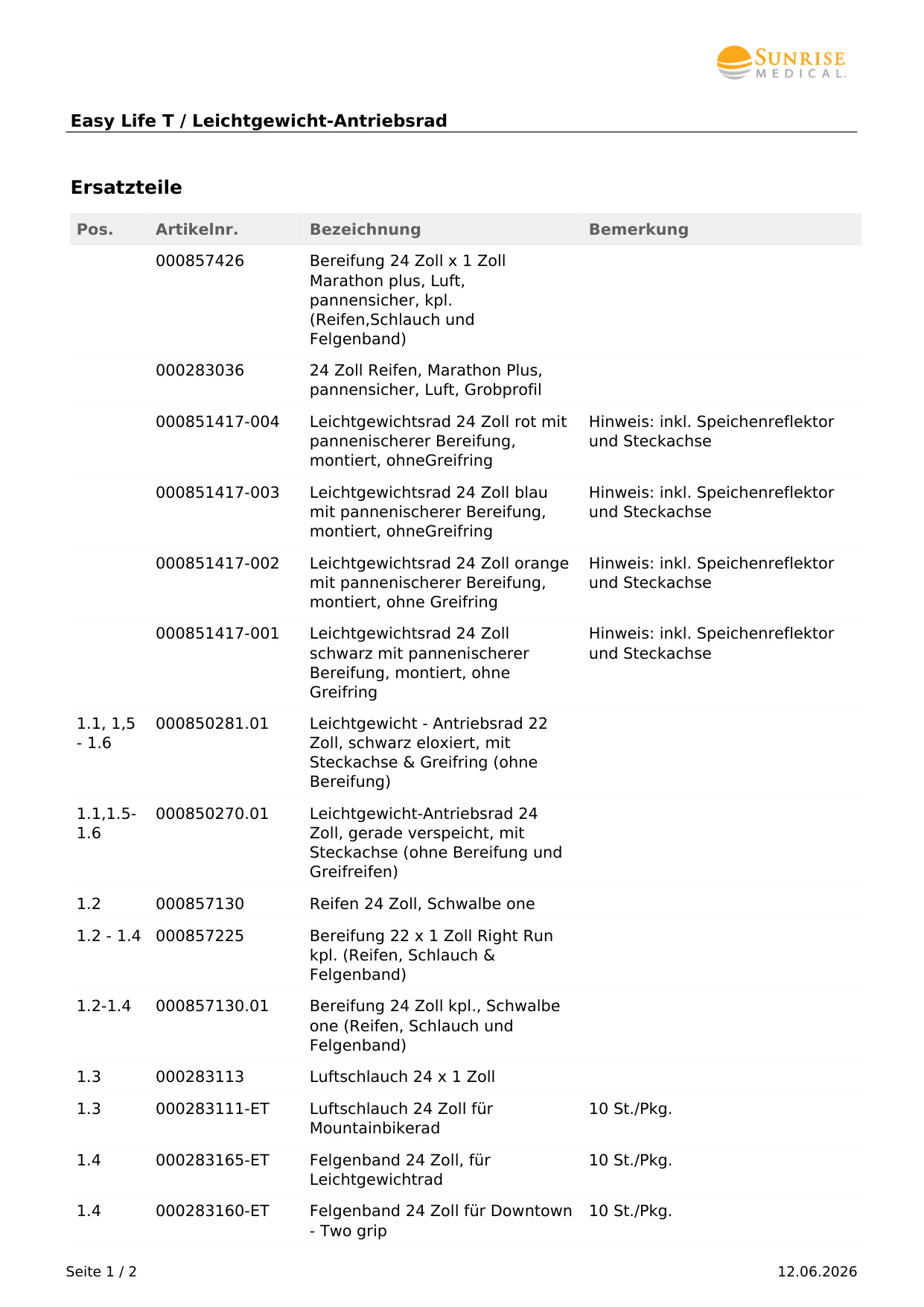 Explosionszeichnung Antriebsrad, Sunrise Sopur Easy Life T