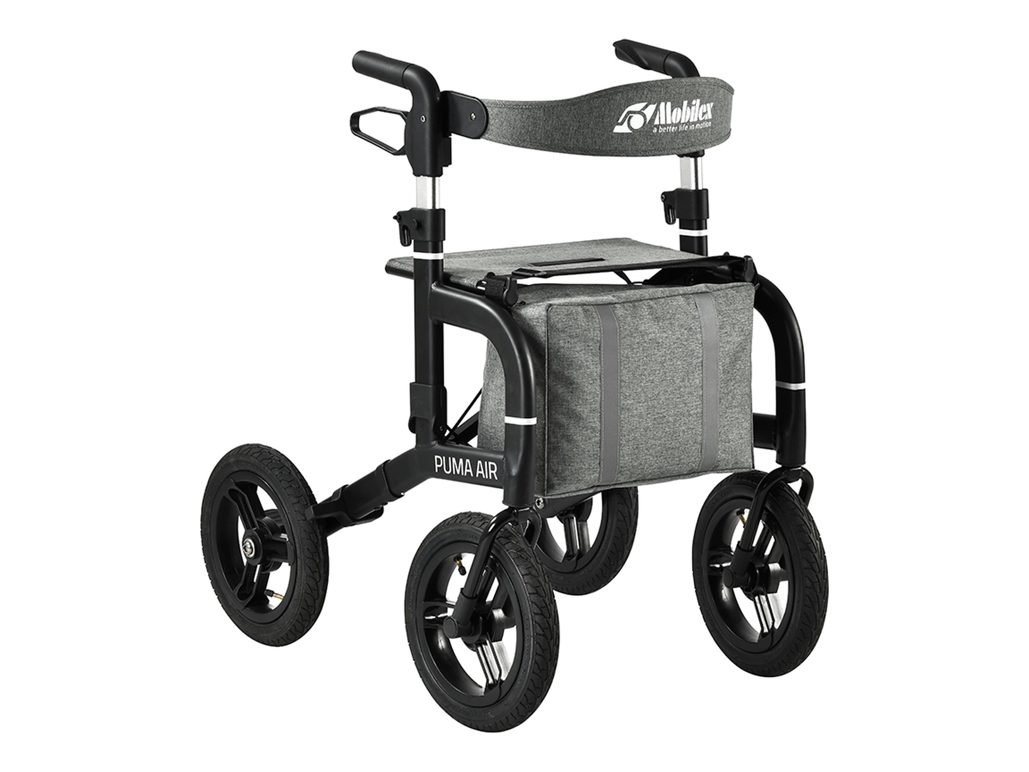 Mobilex Puma Air Rollator, mattschwarz, SH 59 cm, inkl. Rückengurt, Becher- und Stockhalter