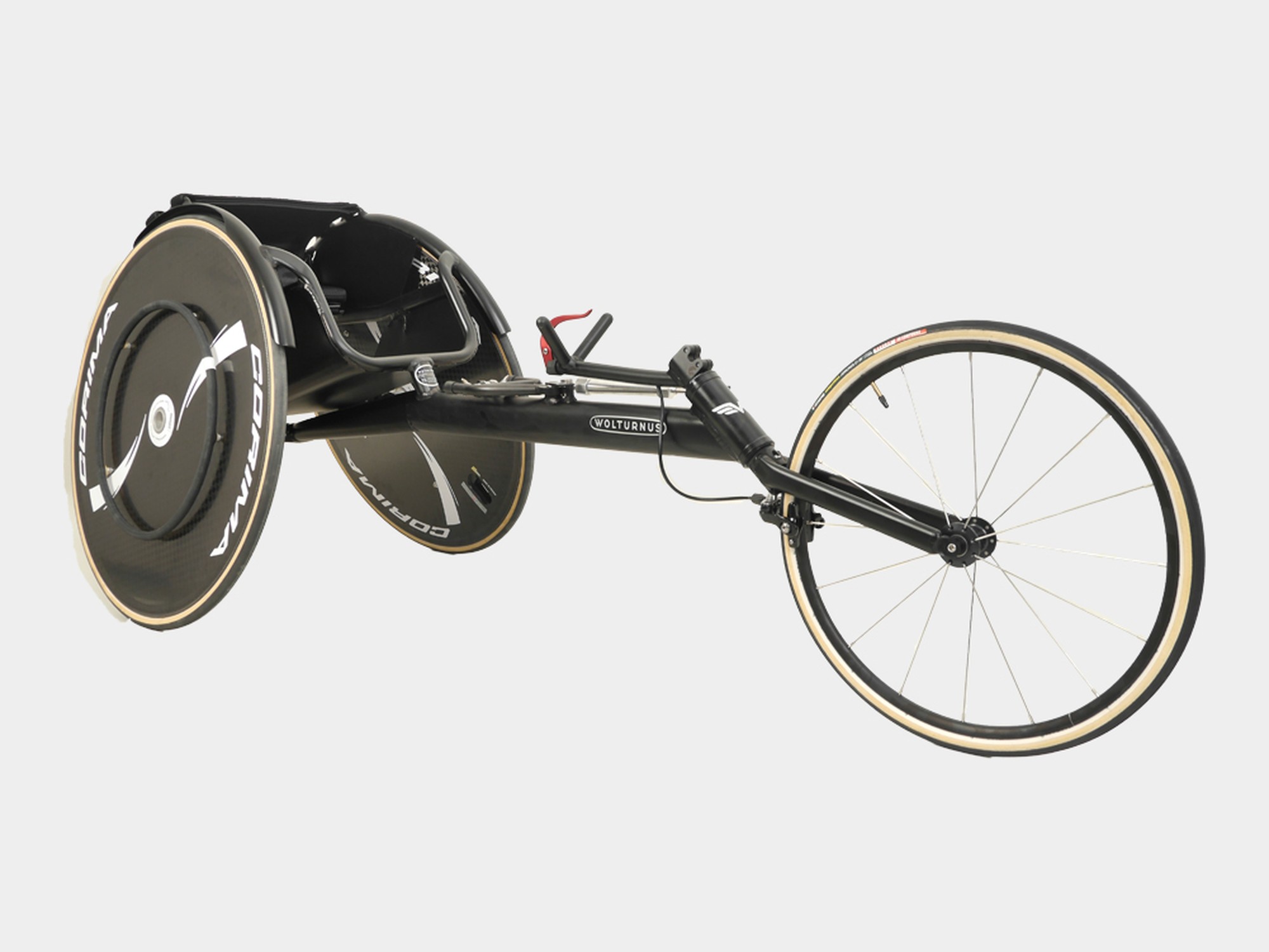 Wolturnus Amasis Racer Rennrollstuhl in Schwarz mit Scheibenrädern und langem Vorderrahmen