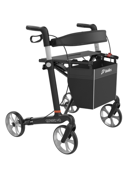 Mobilex Gepard HD Rollator, Carbon, schwarz, SH 62 cm, inkl. Rückengurt und Stockhalter