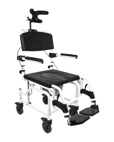 Mobilex Dusch- und Toilettenrollstuhl mit Kantelung und 4 arretierbaren 5" Rädern und Kopfstütze, SB 45 cm