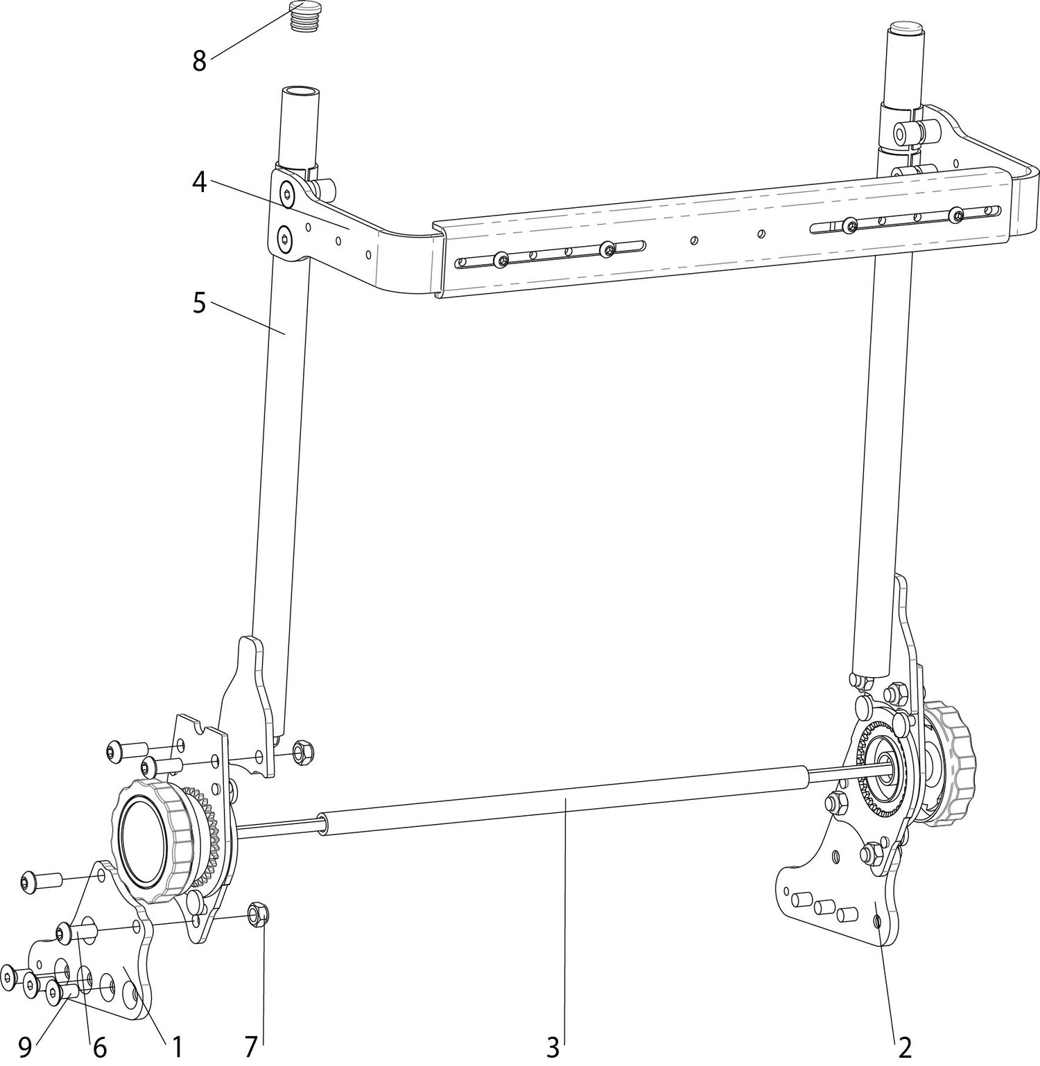 Explosionszeichnung Rehab, manuell verstellbarer Rücken für anpassbare Sitzplatte, Standard Armlehne, Sunrise Frontier V6