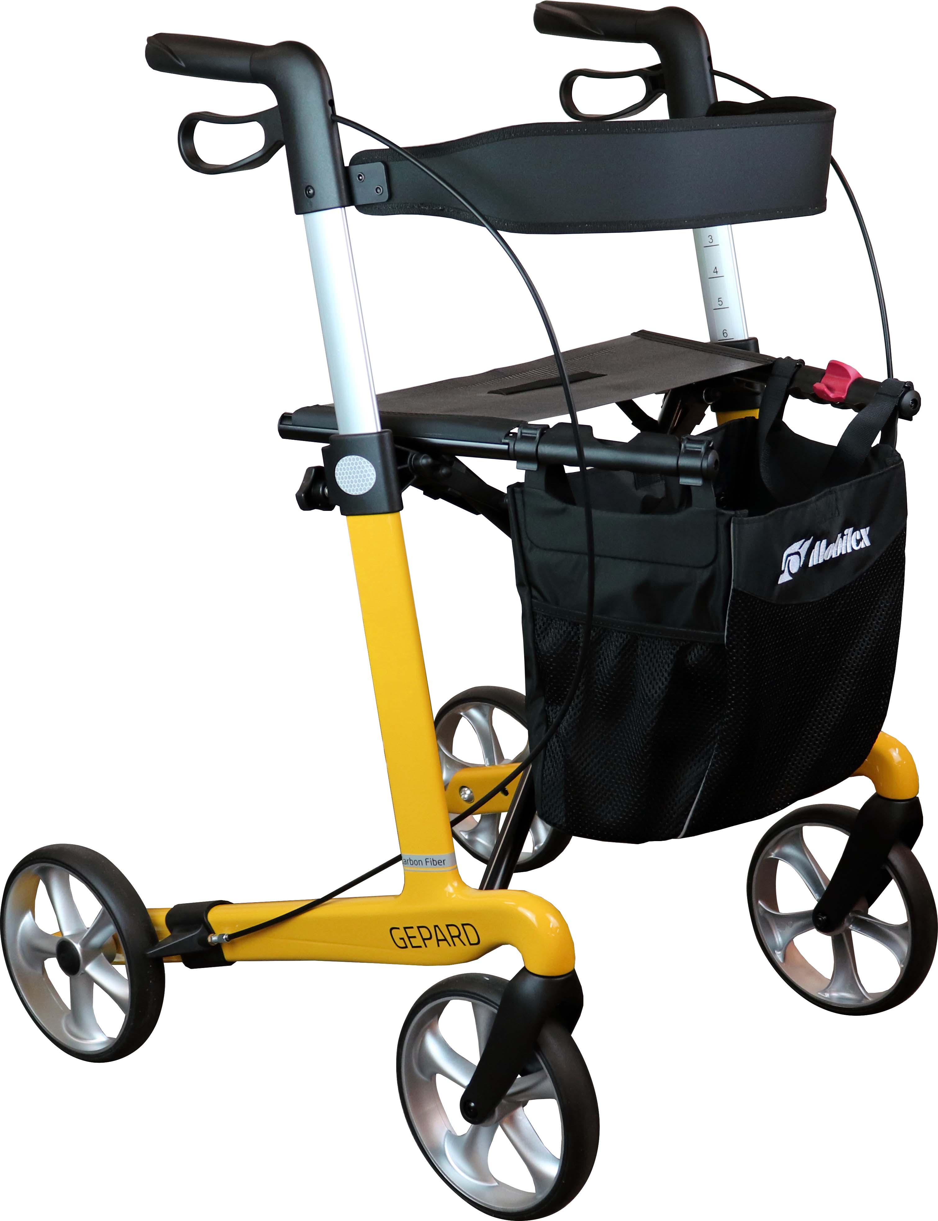 Mobilex Gepard Rollator, Carbon, gelb, SH 62 cm, inkl. Rückengurt und Stockhalter